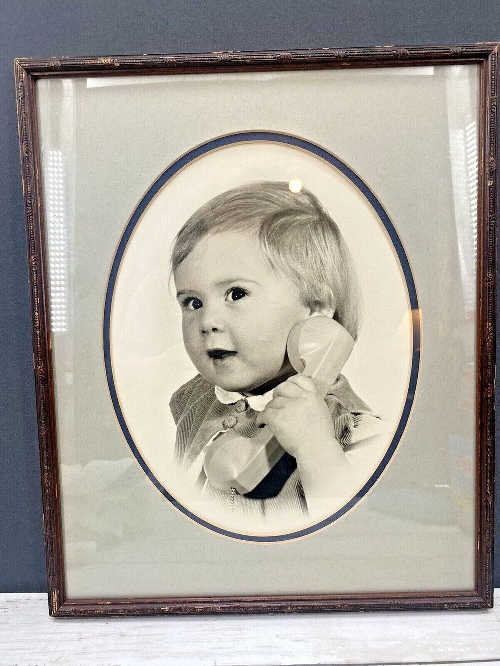 Antique Baby Telephone Photo | 1920s Black White Framed Photography Nursery Art